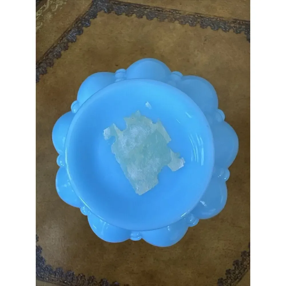 1970s Rare Fenton‎ Blue Milk Glass Beaded Melon Double Crimped Ruffled 6